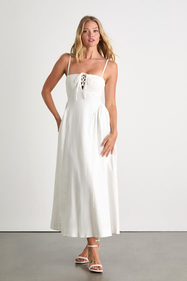 White Denim Midi Dress - Smocked Midi Dress - Lace-Up Midi Dress - Lulus