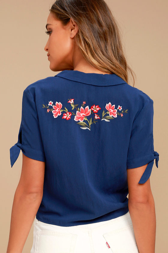Awesome Blossom Navy Blue Embroidered Crop Top 1