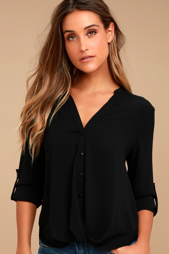 Chic Button-Up Top - Long Sleeve Top - Black Top - Black High-Low Top ...