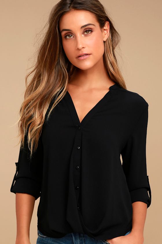 Chic Button-Up Top - Long Sleeve Top - Black Top - Black High-Low