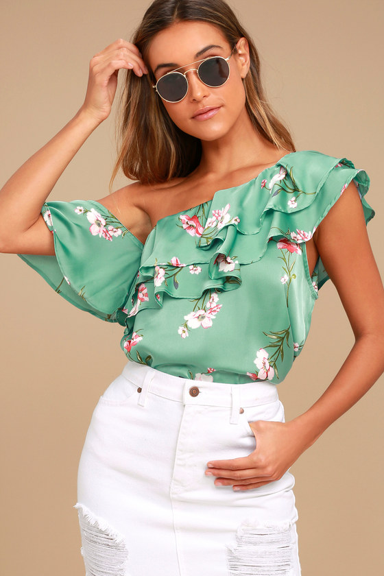 Paradise City Sage Green Satin Floral Print Off-the-Shoulder Top