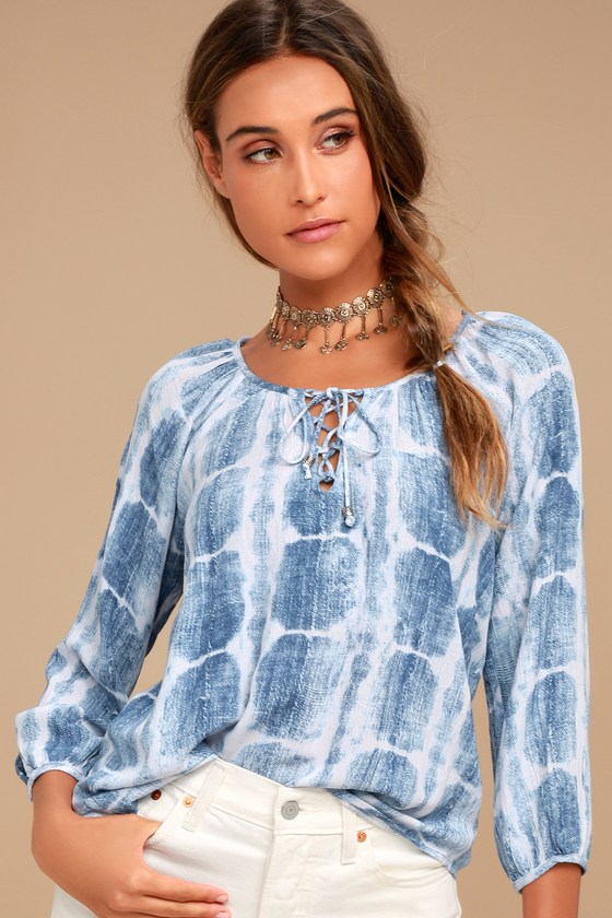 Boho Blue and White Top - Tie-Dye Top - Lace-Up Top - Long Sleeve Top - Peasant Top - $59.00 - Lulus
