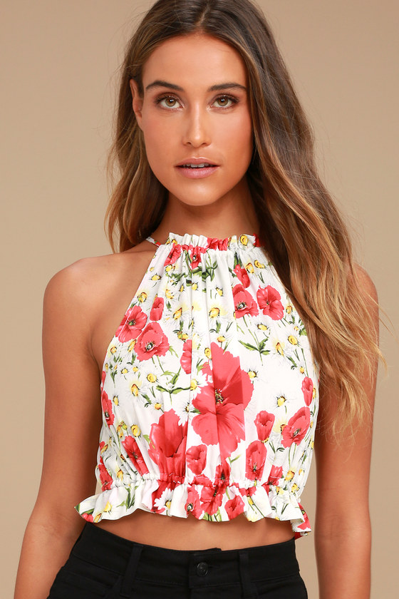 Nostalgia White and Red Floral Print Crop Top