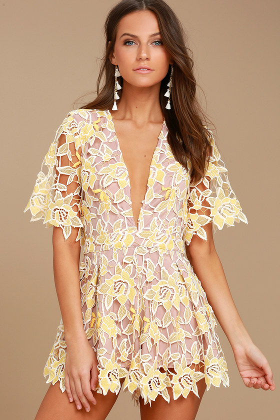 yellow lace romper dress