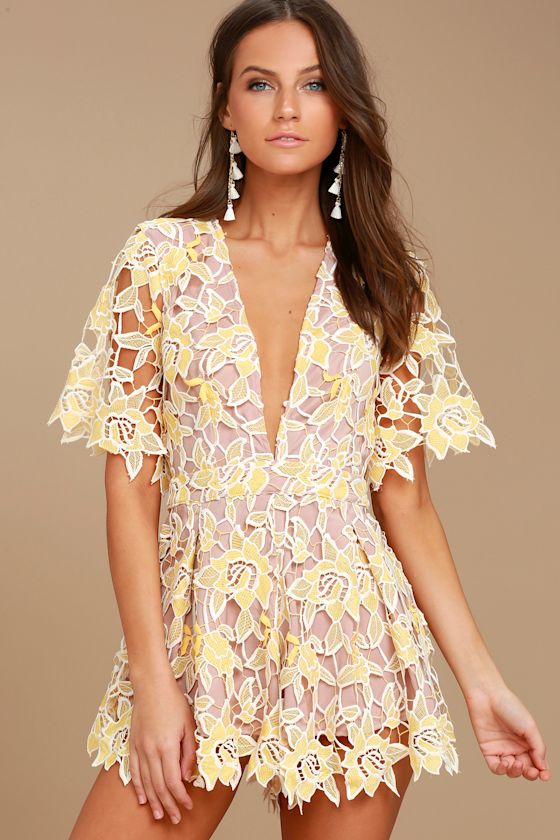 NBD Mila Beige and Yellow Lace Romper 1