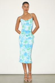 Vibrant Babe Blue Multi Floral Cutout Drawstring Midi Dress 3