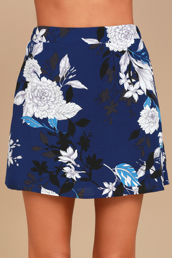 Cute Navy Blue Floral Print Skirt - Mini Skirt - A-Line Skirt - $35.00