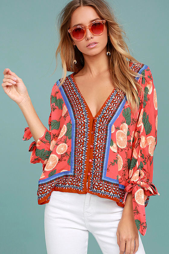 売れ筋商品|||ラッキーブランド カットソー トップス レディース Women's Cotton Mixed-Print Peasant Blouse Coral Multi PRINTED SMOCKED PEASANT BLOUSE | Lucky Brand