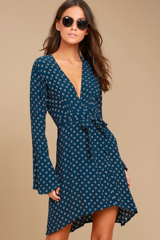 Faithfull the Brand Goldstein Dress - Teal Blue Print Dress - Wrap ...