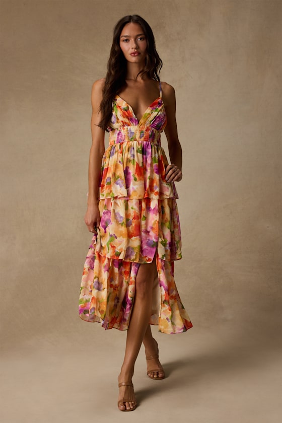 Image of Olesia Yellow Abstract Floral Print Tiered Midi Dress