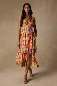 Olesia Yellow Abstract Floral Print Tiered Midi Dress 2