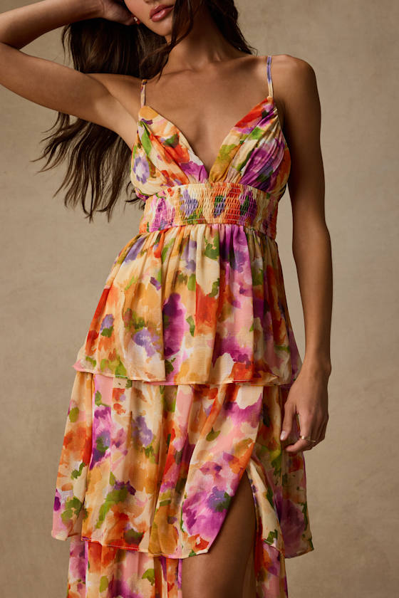 Olesia Yellow Abstract Floral Print Tiered Midi Dress - thumbnail 2
