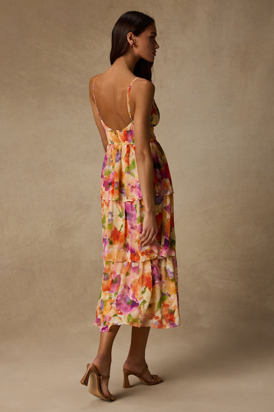Olesia Yellow Abstract Floral Print Tiered Midi Dress - thumbnail 3