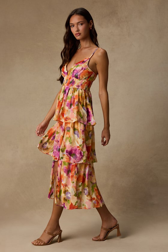Olesia Yellow Abstract Floral Print Tiered Midi Dress - thumbnail 4
