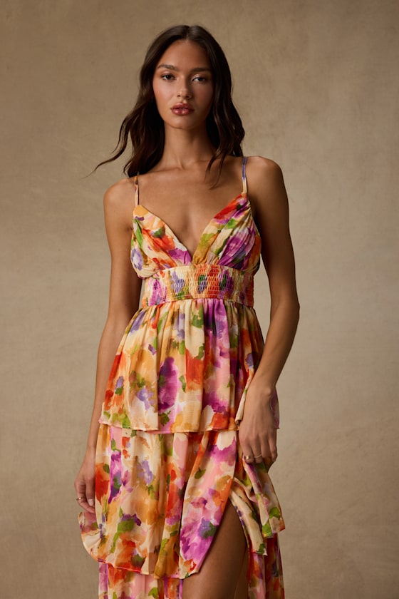 Olesia Yellow Abstract Floral Print Tiered Midi Dress - thumbnail 5