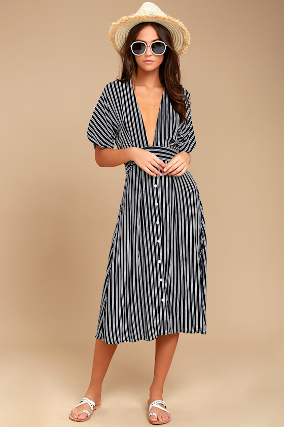 Faithfull the Brand Mustang Navy Blue Striped Midi Dress 1