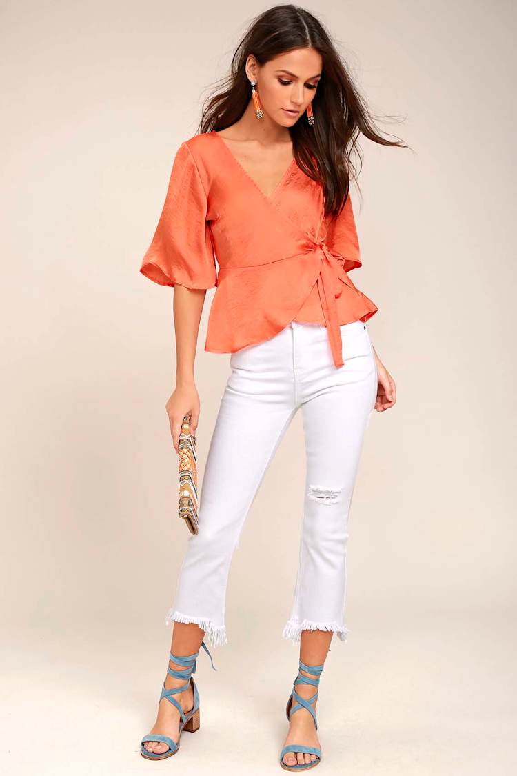 Heart to Heart Coral Orange Satin Wrap Top
