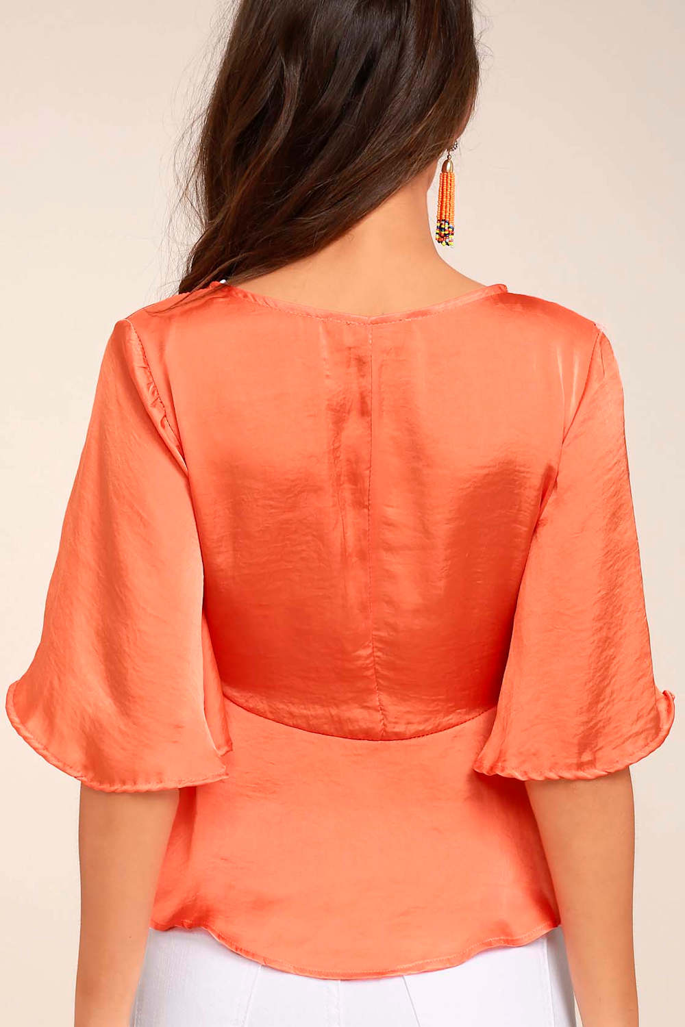 Heart to Heart Coral Orange Satin Wrap Top