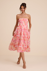 Eulalia Pink Floral Lace-Up Strapless Bustier Midi Dress 2