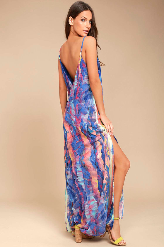 Cool Royal Blue Print Maxi Dress - Watercolor Print Maxi - Colorful ...