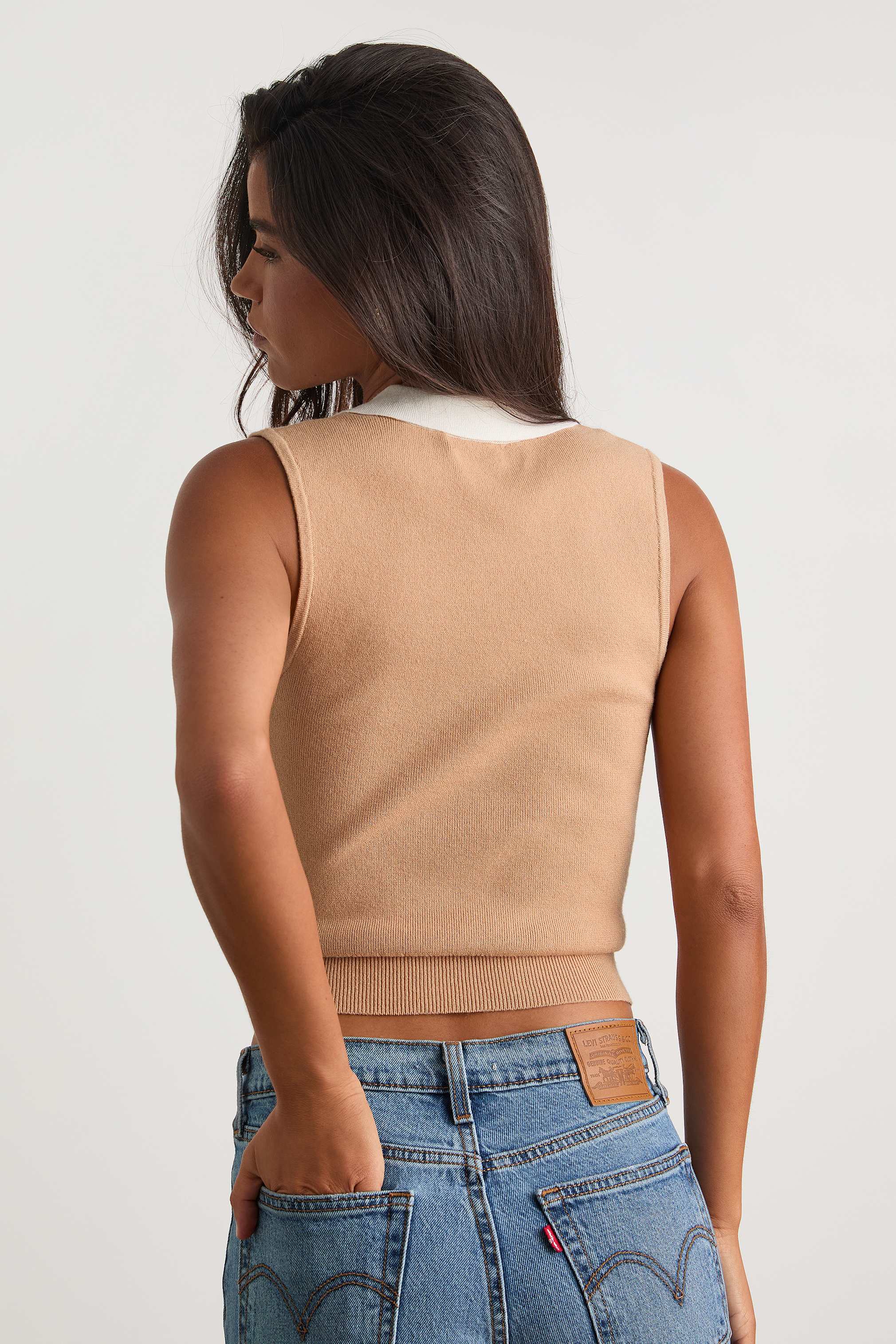 Henriette Beige and White Collared Sweater Top
