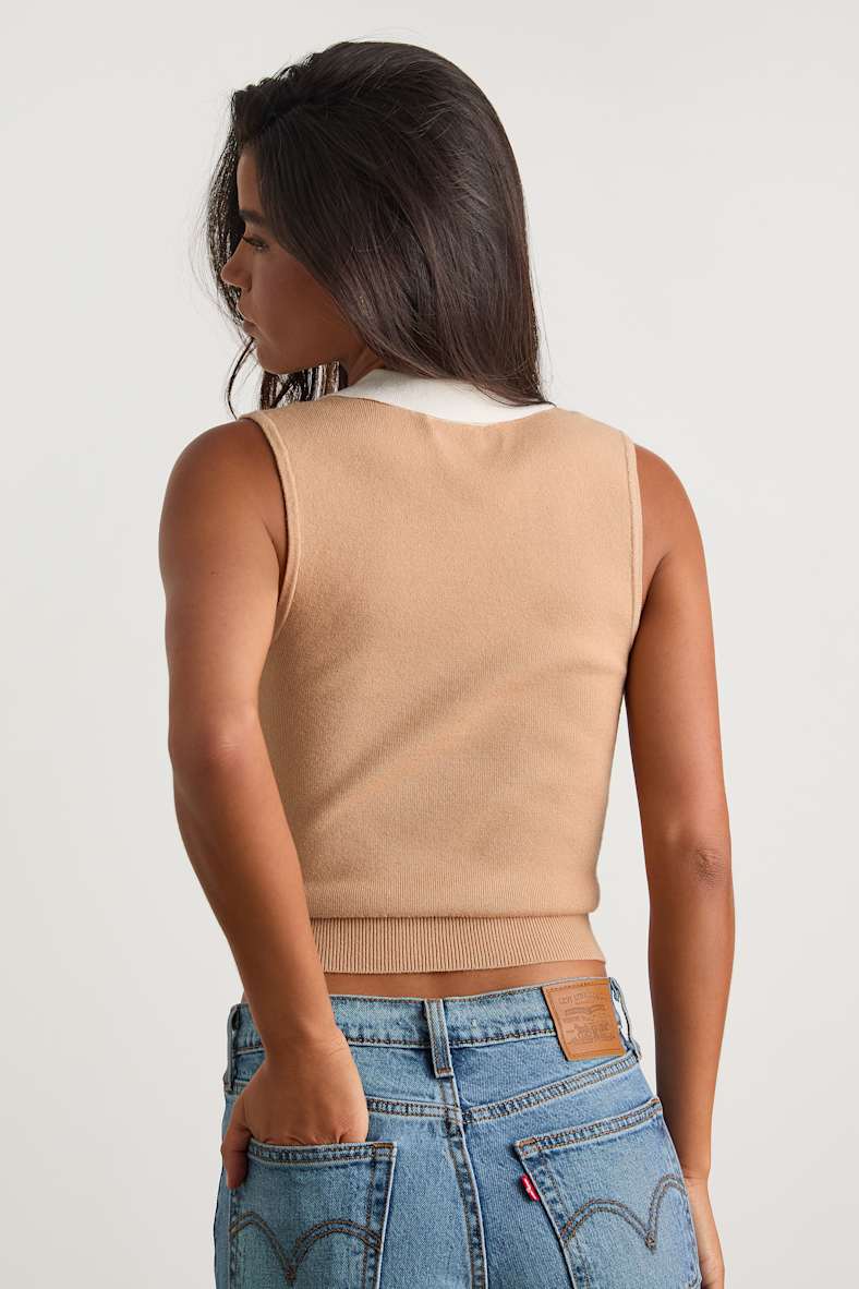 Henriette Beige and White Collared Sweater Top