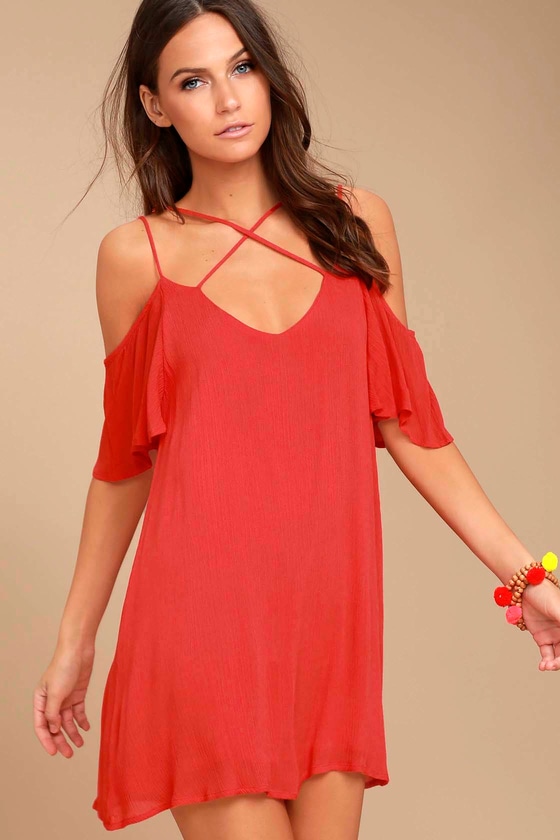 Afterglow Red Strappy Cold-Shoulder Shift Dress