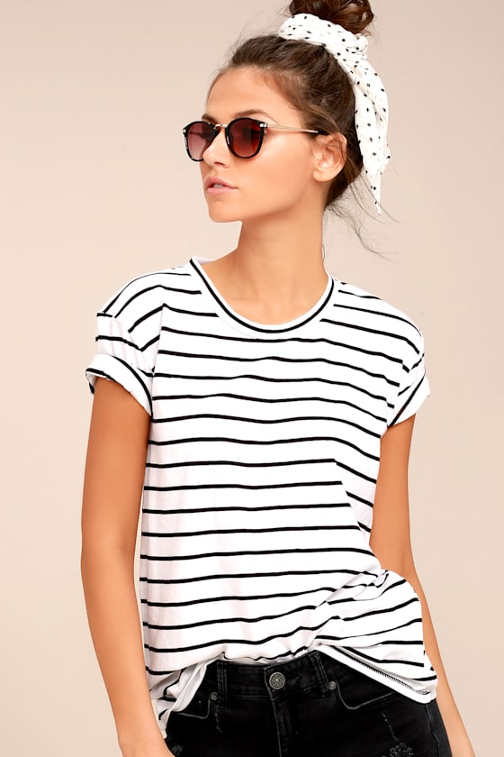 Amuse Society Tanner Black and White Tee Striped Tee Short Sleeve