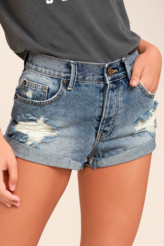 Amuse Society Crossroads - Blue Denim Shorts - Distressed Shorts - Lulus