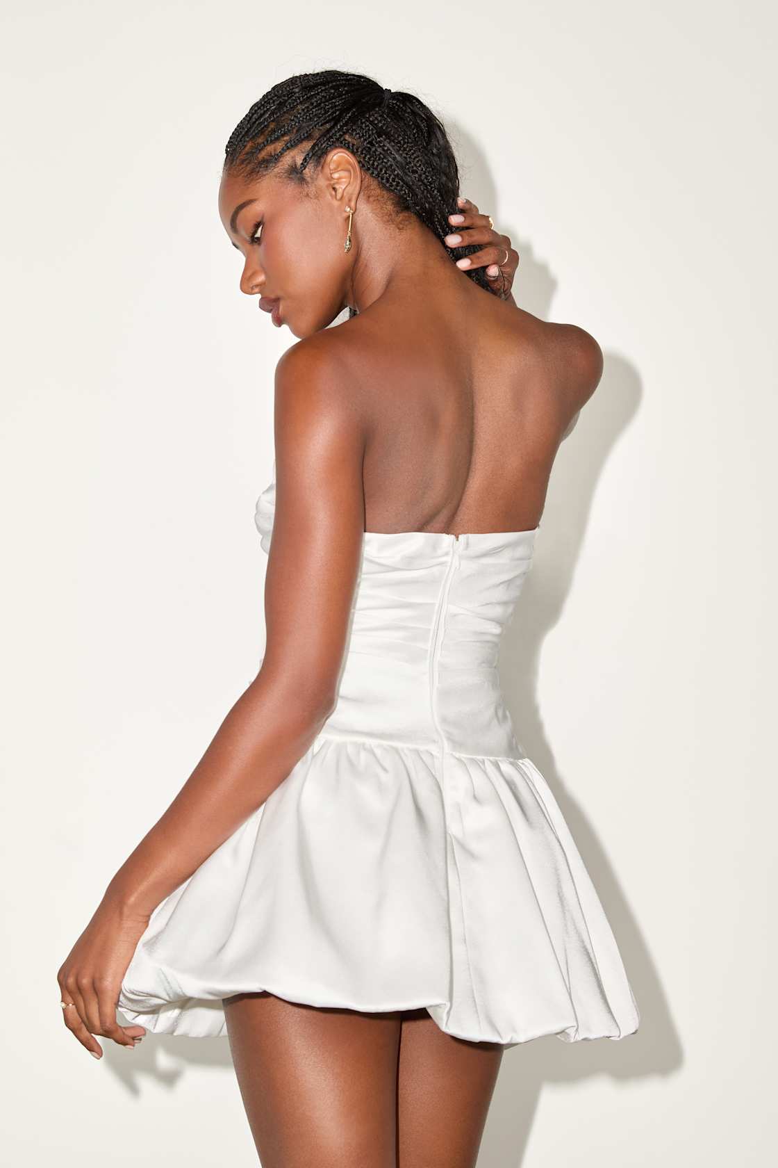 Stately Stunner White Drop Waist Bubble-Hem Mini Dress
