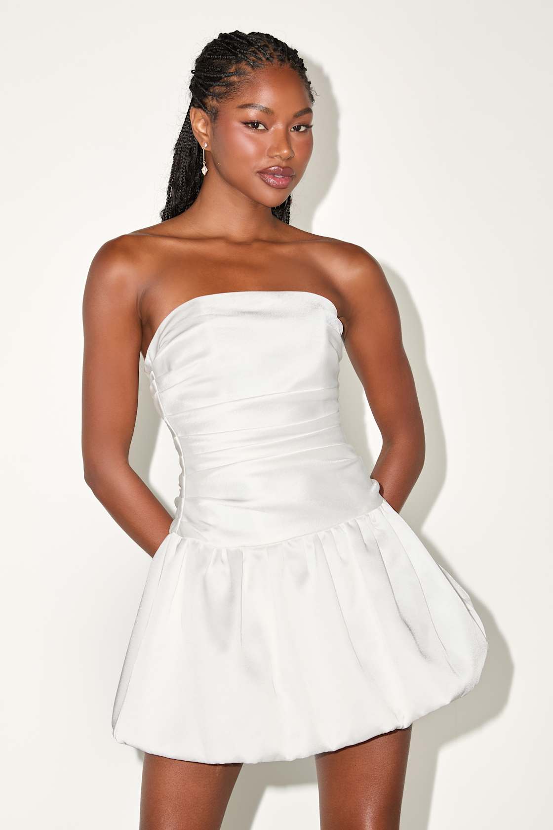 Stately Stunner White Drop Waist Bubble-Hem Mini Dress
