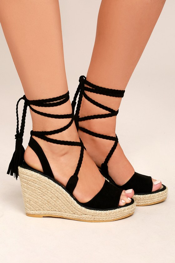 Cute Espadrille Wedges Black Wedges Vegan Wedges LaceUp Wedges
