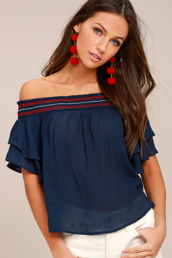Boho Navy Blue Top - Off-the-Shoulder Top - Embroidered Top - Lulus