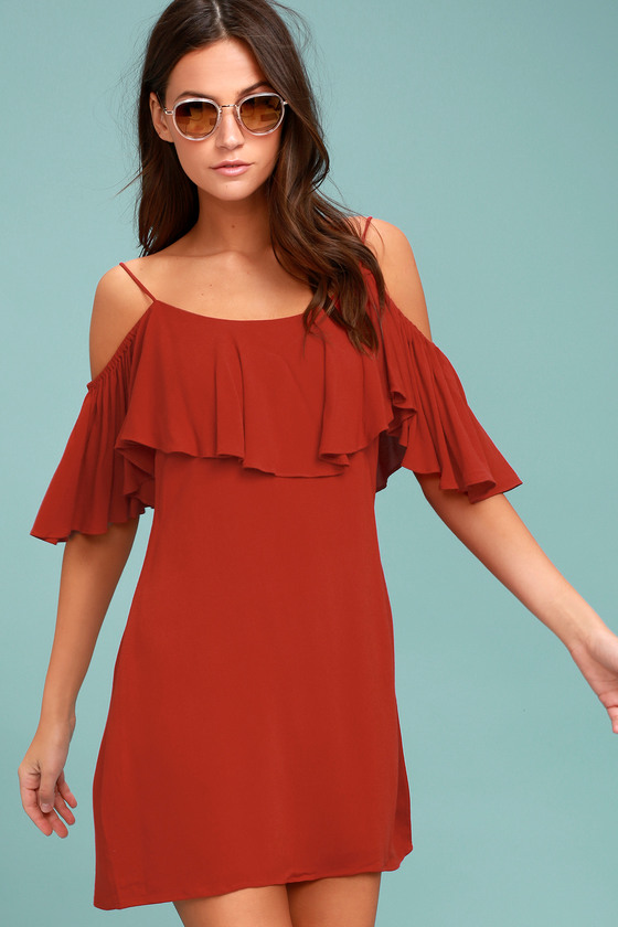 Cute Rust Red Dress - Off-the-Shoulder Dress - Shift Dress - OTS Dress ...