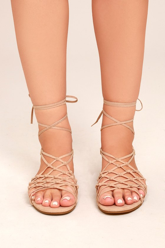 Chic Lace-Up Nude Sandals - Vegan Suede Sandals