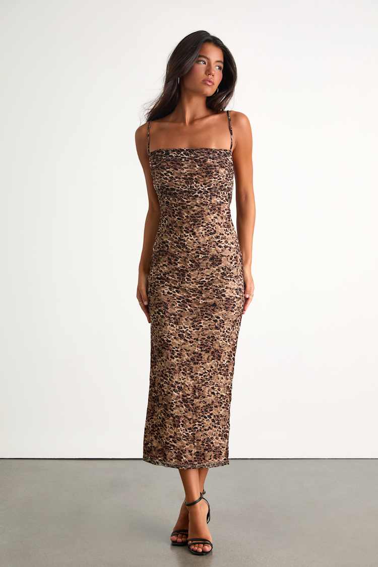 Manon Brown Leopard Mesh Bodycon Midi Dress
