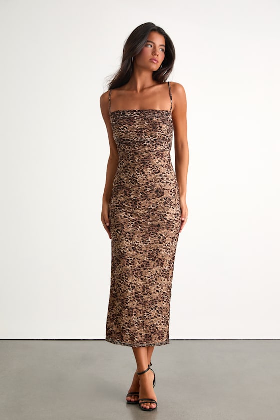Manon Brown Leopard Mesh Bodycon Midi Dress