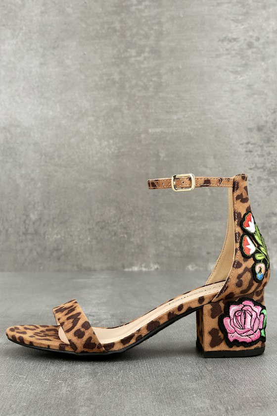 Vika Tan Leopard Print Embroidered Ankle Strap Heels 1