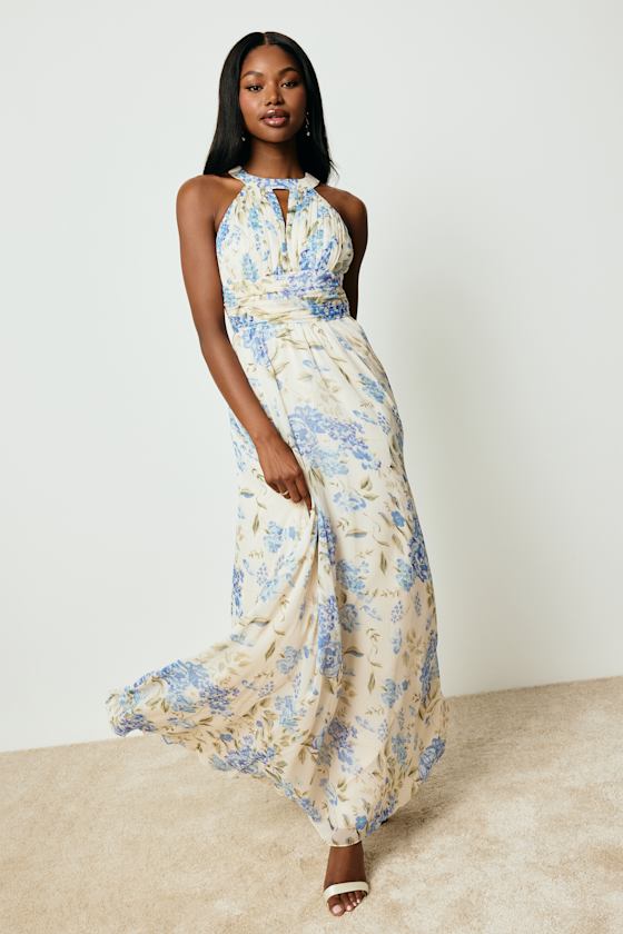 Sintra Beige and Blue Floral Pleated Backless Maxi Dress 2