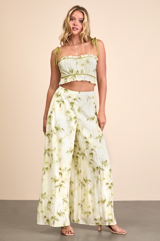 美品 L'Appartement Leaf Print Pants Beige Multi Leaf Print Pants - Wide-Leg Pants - Pants Sets