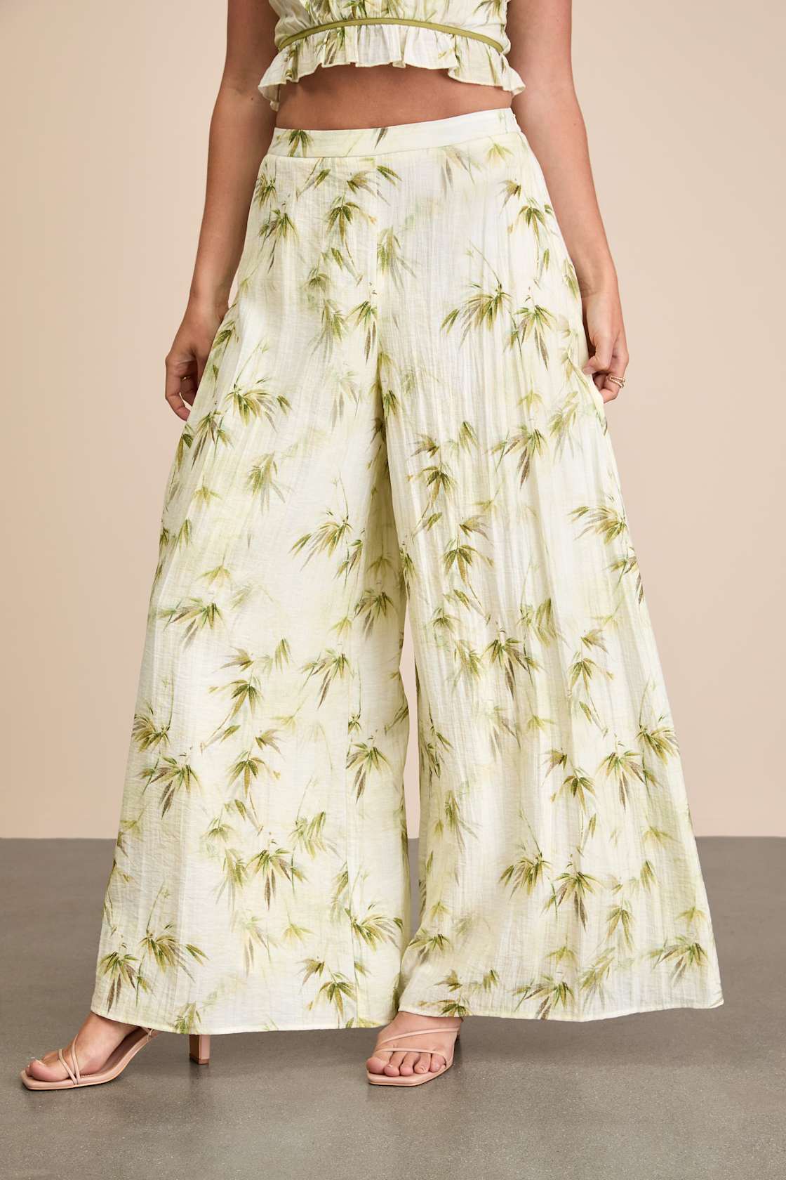 Alvima Beige Multi Leaf Print Wide-Leg Pants
