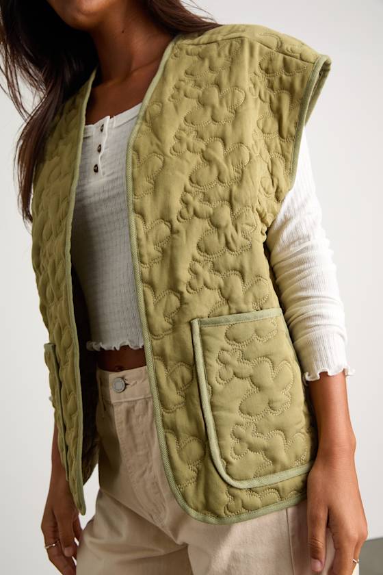 Olive Green Quilted Vest - Floral Quilted Vest - Open-Front Vest