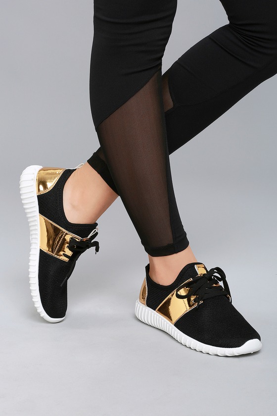 Black Knit Sneakers Gold Sneakers Chic Sneakers Black and Gold