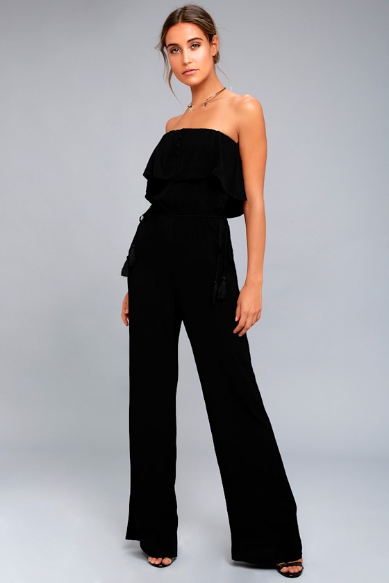 ASTR the Label Paloma Black Strapless Jumpsuit Black Tassel