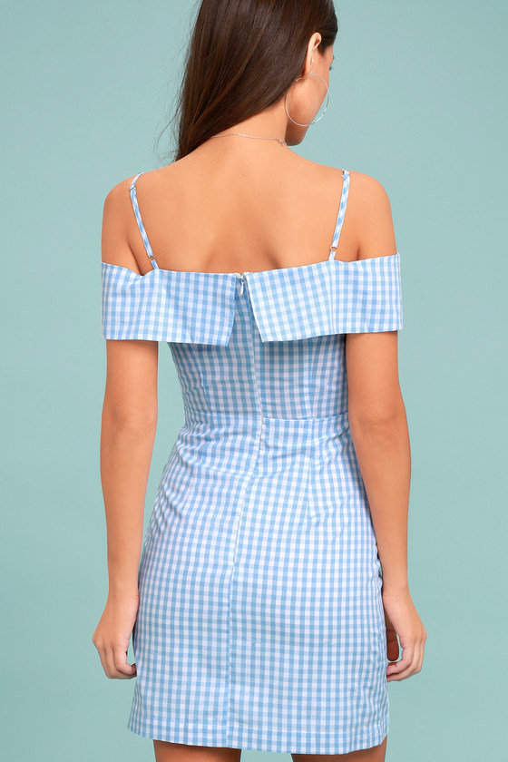 Cute Blue and White Gingham Dress - Sheath Dress - Off-the-Shoulder Dress