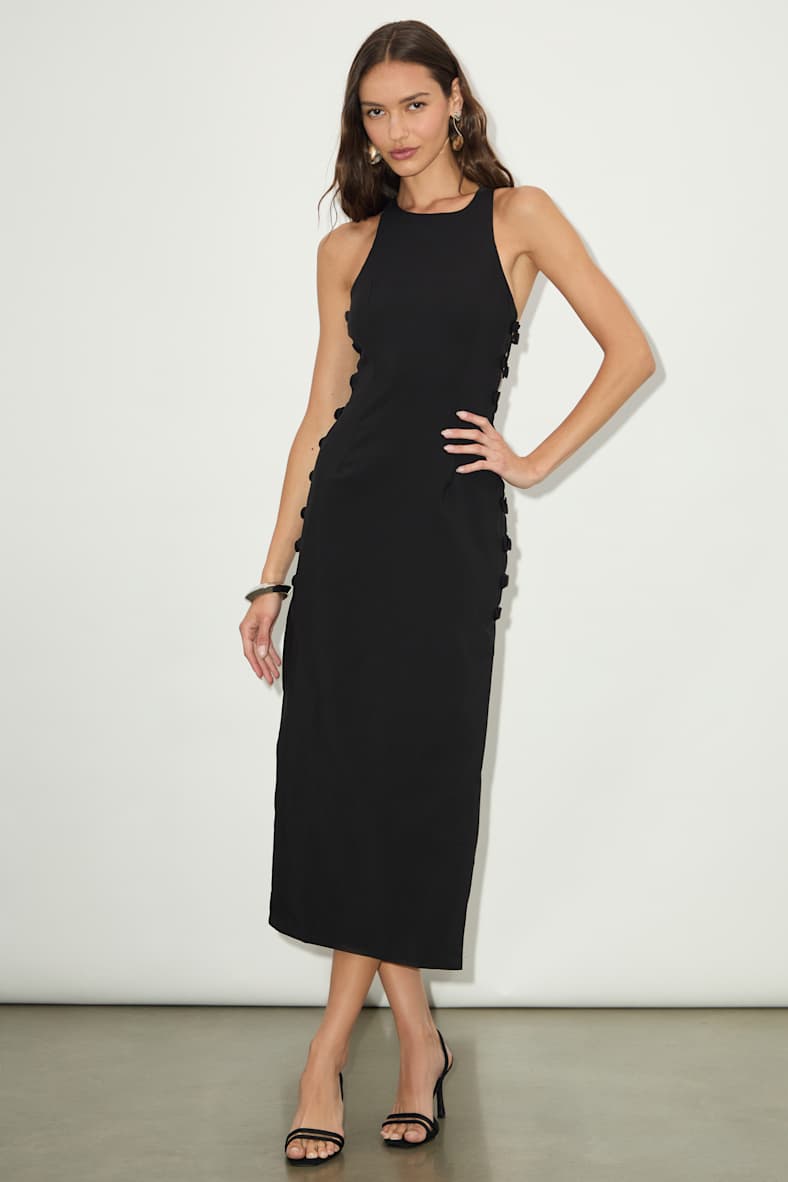 Masterfully Mod Black Side Button Midi Dress