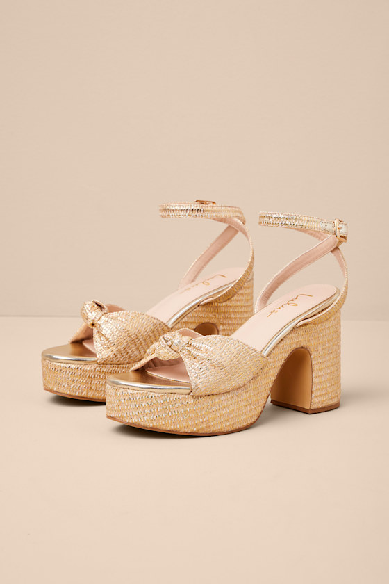 Rosamond Gold Raffia Knotted Platform High Heel Sandals - thumbnail 2