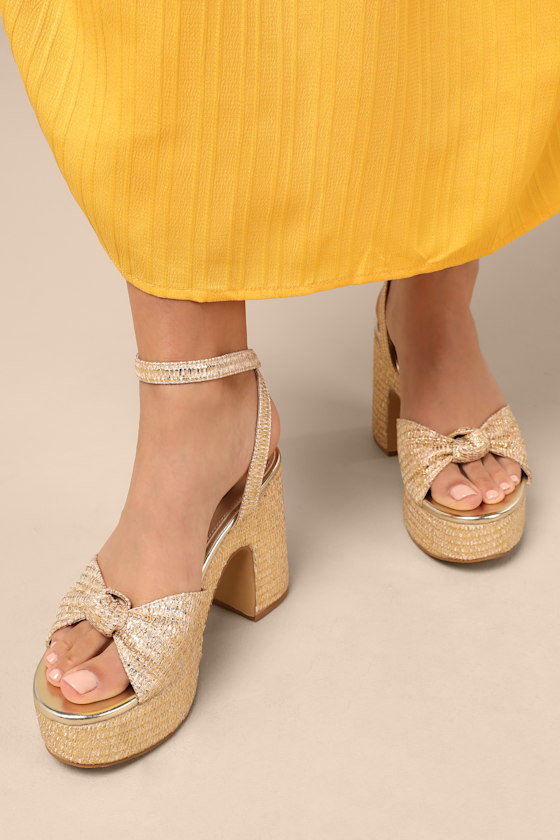 Rosamond Gold Raffia Knotted Platform High Heel Sandals - thumbnail 3