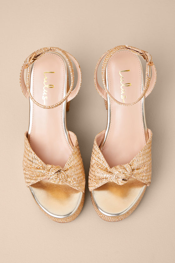 Rosamond Gold Raffia Knotted Platform High Heel Sandals - thumbnail 4
