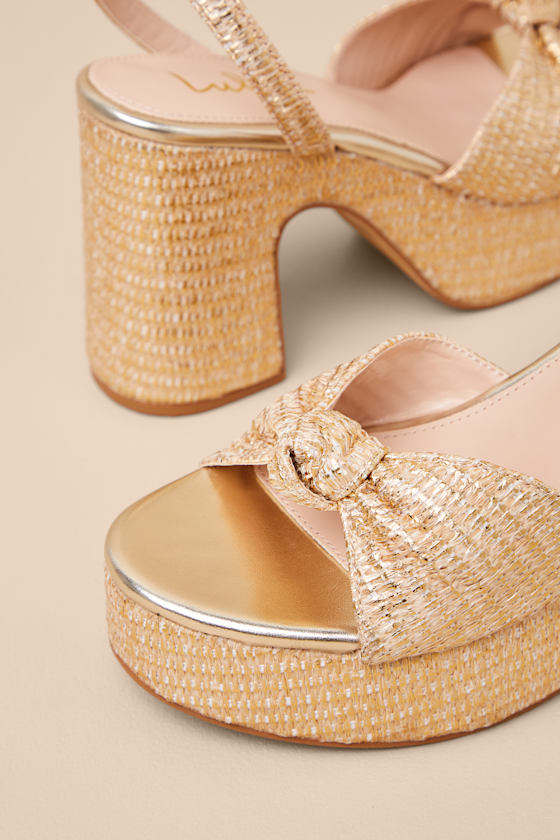 Rosamond Gold Raffia Knotted Platform High Heel Sandals - thumbnail 5